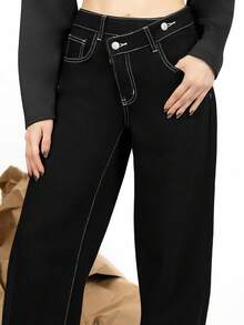 PRISCILA ESCOTO PRISCILA ESCOTO Women's Fashion Casual Asymmetrical Waistband Loose Fit Jeans Black - Black - View 3