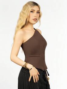 PRISCILA ESCOTO PRISCILA ESCOTO 杏色无袖单肩休闲时尚女士西装外套，夏季穿着 - 棕色 - 查看 2