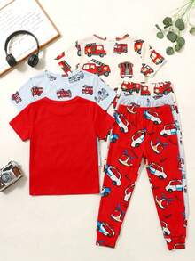 SHEIN 6pcs/Set Kids Boys Firefighter Truck Print Pajama Set,Includes 2 Sets Short Sleeve Tops & Pants,Summer,Family Matching Snug Fit Sleepwear Homewear - Red and White - View 3