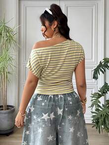 SHEIN EZwear Plus Size Women Striped Asymmetrical Shoulder T-Shirt - Multicolor - View 2