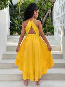 Tween Girls' Summer Vacation Halter Neck Ruffle Hem Dress - Yellow - View 2