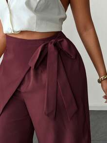 Maweii Plus Size Solid Color Wrap Design Casual Pants, Summer - Burgundy - View 6