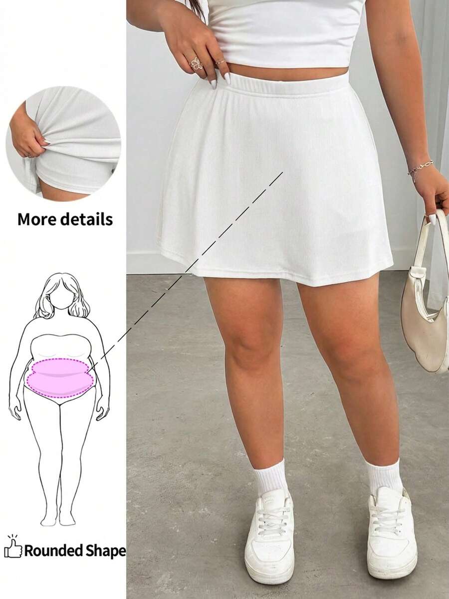 Enliva Plus-Size Women's Solid Color Basic A-Line Casual Mini Skirt (With Leggings), Suitable For Curvy Figures, Cool And Stretchy Fabric For Summer, For Apple And Rounded Body Shape - White - View 1