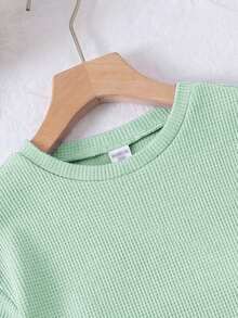 SHEIN LMoss Kids 两件套女童针织纯色圆领宽松T恤和修身短裤套装 - 綠色 - 查看 7