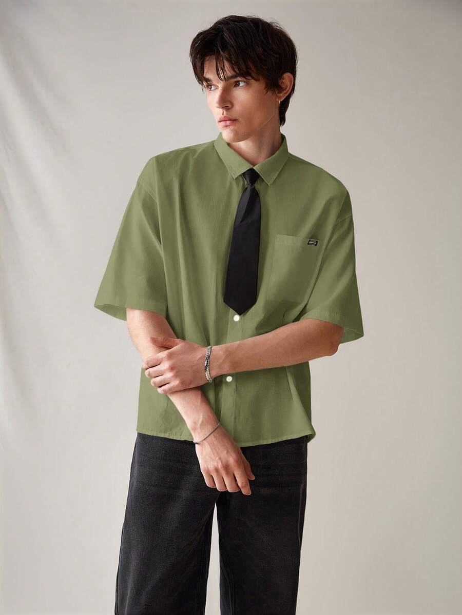 SWAVVY Men's Woven Pocket Tie Collar Short Sleeve Casual Shirt, Spring/Summer - Army Green - View 1