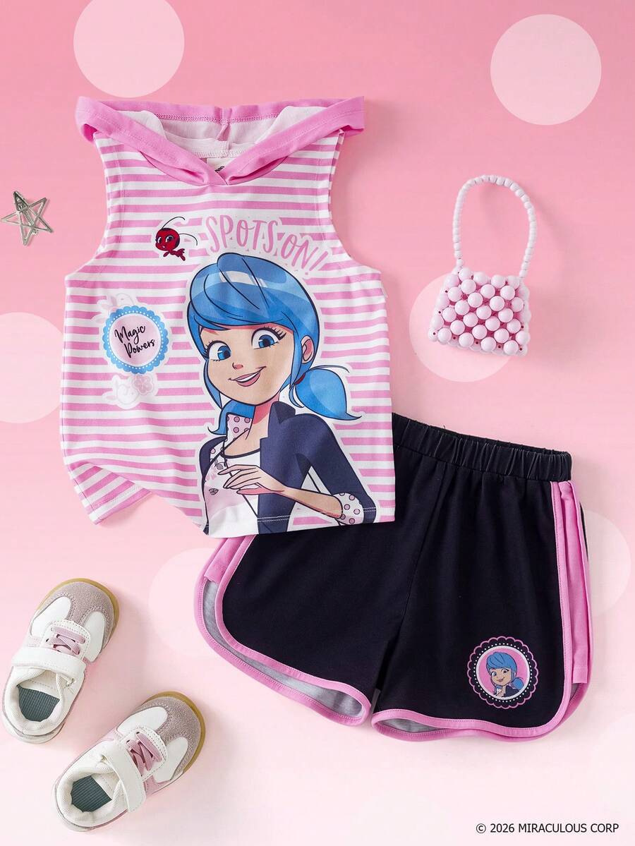 Miraculous Ladybug X SHEIN 2件組女童條紋對比色圖案印花連帽衫與休閒短褲套裝 - 粉色 - 查看 1