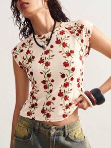 Bohemela Women's Floral Print Round Neck Short Sleeve T-Shirt - Yellow - View 4