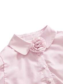 Sweetness Sweet Girl's Pink Striped Cropped Puff Sleeve Floral Decor Blouse - Pink - View 3