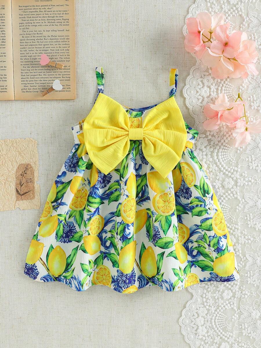 SHEIN Robe sans manches pour bébé fille mignonne avec imprimé floral citron blanc et jaune, robe d'été pour vacances et fêtes pour nouveau-né et nourrisson, avec décoration papillon 3D, 0-3 ans