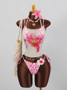 Elavelle Women's Random Print Halter Neck Bikini Set, Spring/Summer - Multicolor - View 3