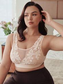Slumbrini 加大码杏色无肩带文胸，薄蕾丝网眼无钢圈提拉聚拢性感度假文胸 - 杏色 - 查看 5
