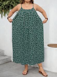 SHEIN CURVE+ 曲线款 US22 码音乐节、海滨度假、波西米亚碎花休闲度假吊带裙 曲线连衣裙 夏季吊带裙 女士 - 墨綠色 - 查看 6