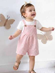 SHEIN LMoss Kids 女婴提花梭织围兜连体衣 - 淺粉色 - 查看 2