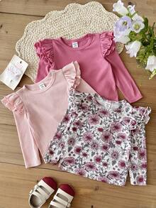 SHEIN 3pcs Baby Girl Knitted Solid & Ditsy Floral Round Neck Ruffle Trim Top Set - Multicolor - View 3