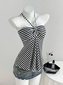 Elamini Women's Gray Striped Casual Sleeveless Halter Top, Versatile New Style, Spring/Autumn - Navy Blue - View 1