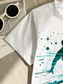 Boys' Summer Sports Set,White Casual Graphic Football Player Print T-Shirt & Shorts 2pcs,Toddler Vacation Training Outfit,Children Round Neck Jersey - Multicolor - View 3