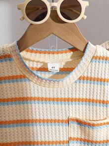 SHEIN 6pcs/Set Young Boy Summer Waffle Stripe Short Sleeve T-Shirt And Shorts 2 Pieces Set - Multicolor - View 8