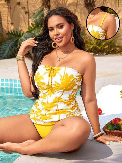 SHEIN Swim Curve بدلة سباحة تانكيني صيفية للنساء ذوات الحجم الكبير، بتصميم بسيط للاستخدام اليومي