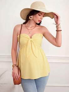 SHEIN Áo quây bầu kẻ sọc thắt nơ nhún bèo - Màu vàng - Xem 5
