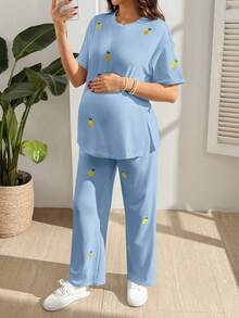 GentleRue Maternity Maternity Casual Lemon Embroidery T-Shirt And Pants 2 Pieces Set Maternity Photoshoot Light Blue Summer - Blue - View 6