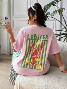 SHEIN EZwear 大码女式圆领龙虾印花短袖上衣和条纹裤休闲两件套 - 彩色 - 查看 6