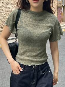 DAZY 女士简约圆领荷叶边下摆短袖T恤，适合夏季日常穿着 - 綠色 - 查看 1