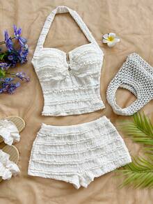 Conjunto casual de 2 piezas de top halter a rayas y shorts para vacaciones de mujer - Albaricoque 2 - Ver 4