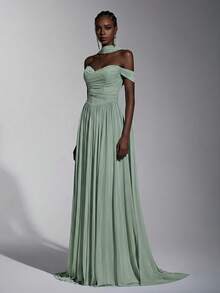 Elitara Elegant Strapless Mesh Gown,Fishbone Decor Front Slit Ruffle Trim Flared A-Line Silhouette With Train,Formal Party Bridesmaid Evening Dress In Blue - Green - View 4