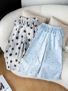 SHEIN 2件套女童条纹花卉蝴蝶结设计裤装 - 彩色 - 查看 5