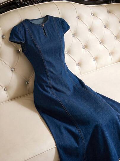 EMERY ROSE Mature Denim Vestido de mezclilla casual con cuello redondo y mangas cortas para mujer