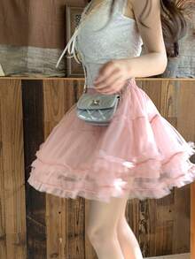 DAZY Women's Girly Mesh Korean Style Versatile Mini Skirt, Spring/Summer - Pink - View 8