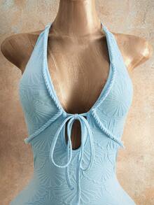 Zolique Vestido corto elegante y sexy de unicolor con cuello halter y cintura anudada, estilo tropical para fiesta, vacaciones y playa, azul claro, verano para mujer - Azul - Ver 6