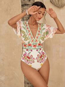 Swim Chiccia Áo tắm liền thân lưới thoáng khí họa tiết Boho Nam Mỹ dành cho nữ, có khả năng kiểm soát vùng bụng. - Màu be - Xem 6
