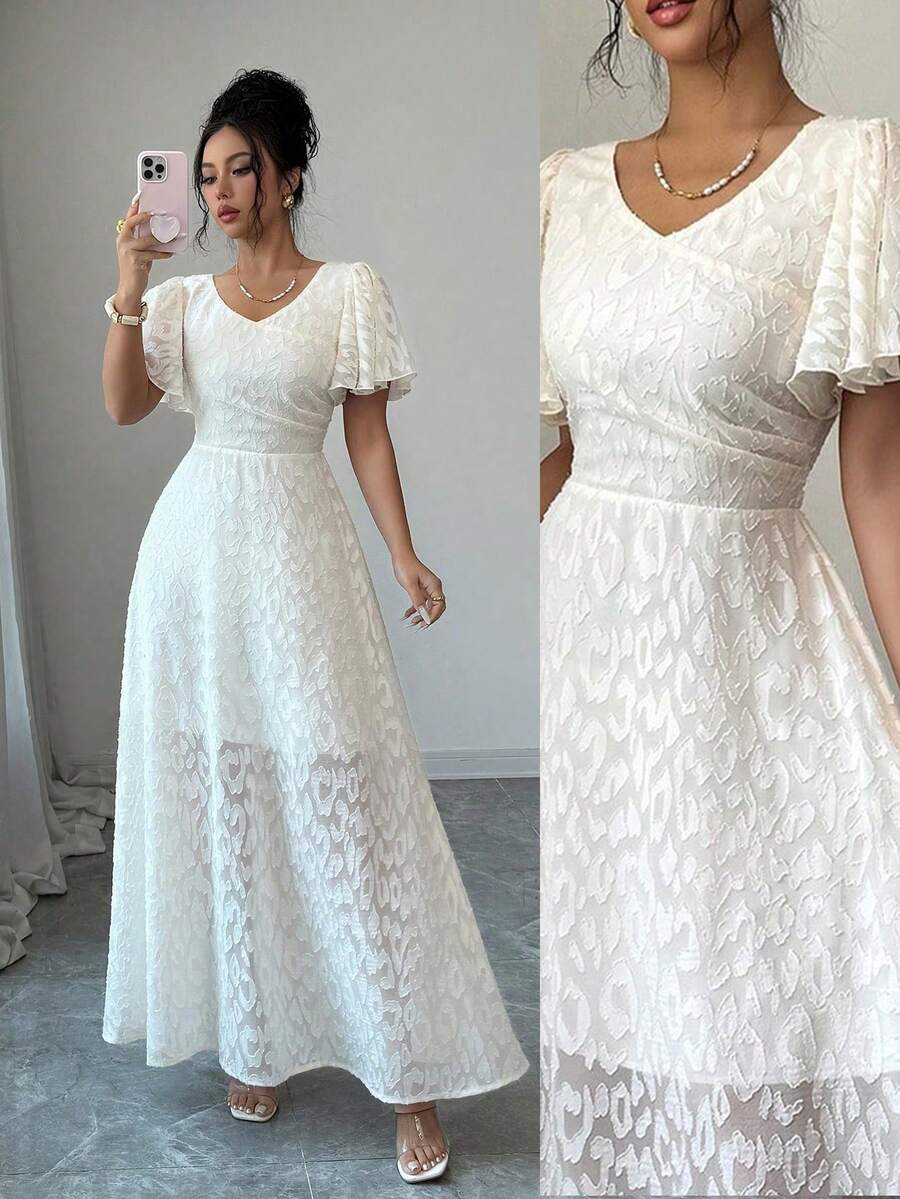 SHEIN PETITE 女士优雅雪纺提花荷叶边袖口系带V领A字连衣裙,简约优雅浪漫精致夏季连衣裙 - 杏色 - 查看 1