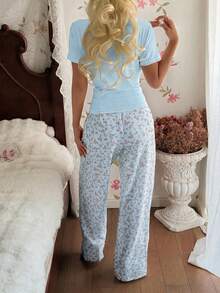 CottageSlumber Youthful Fashion Set For Women, Summer Ditsy Floral, Casual Short Sleeve Top And Pants 2-Piece Outfit - Blue - View 2