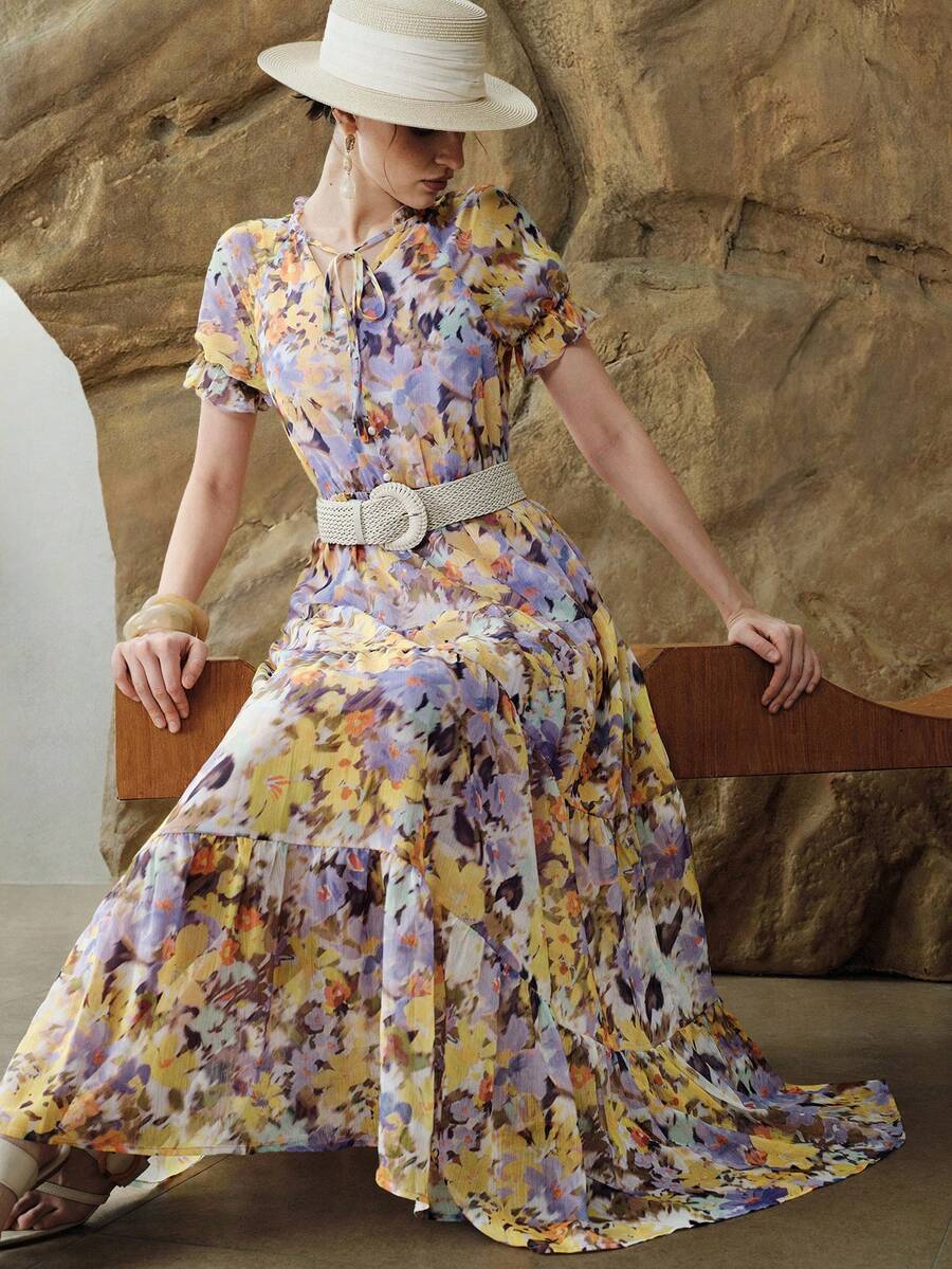 Arave Chiffon Ruffle Hem Floral Print Short Puff Sleeve Dress For Women Vacation Purple Floral Summer Boho - Mauve Purple - View 1