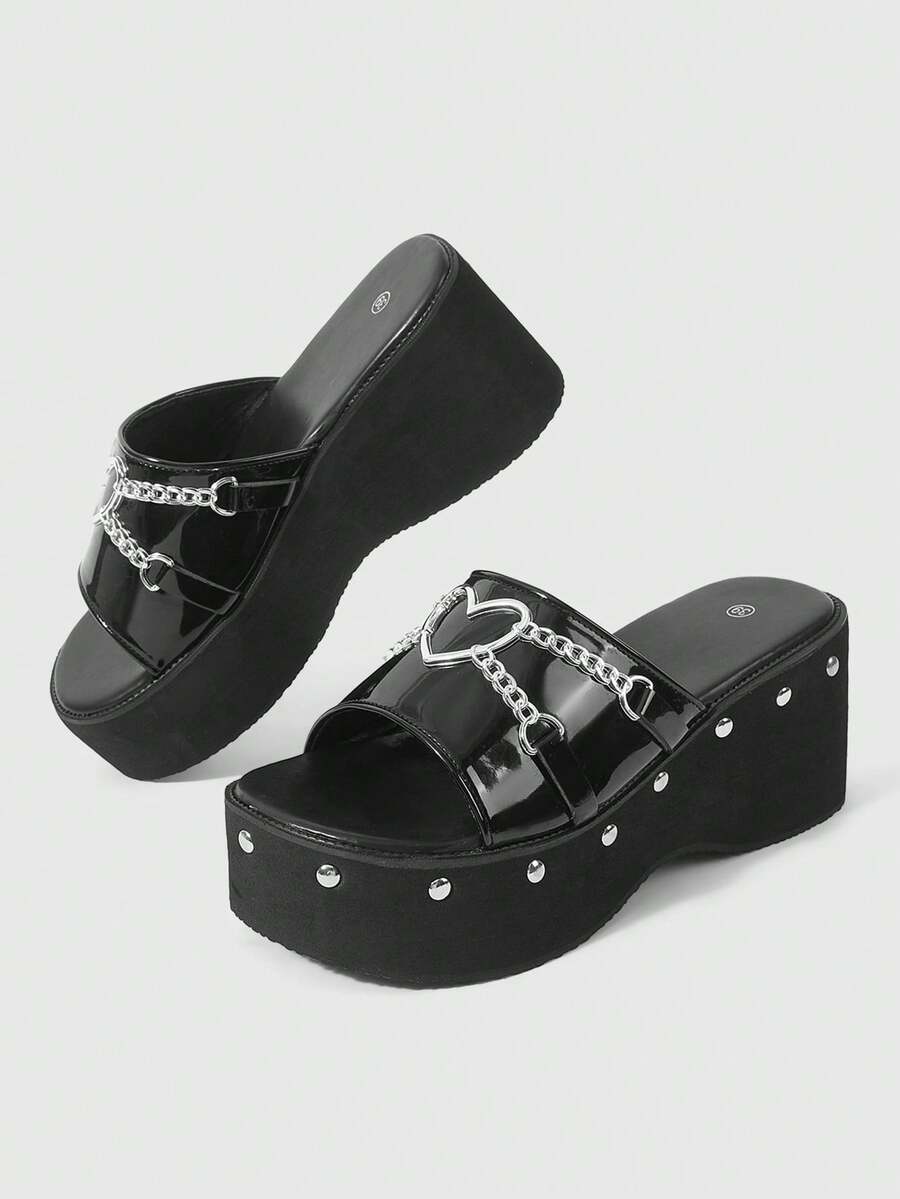 ROMWE Grunge Punk Sandal cao gót nữ đế bánh mì tăng chiều cao 2026 mẫu mới, PU tối màu, đính xích tình yêu, phong cách sang chảnh, gót cao muffin, phối chân váy, dép siêu hot cho nữ mặc mùa hè - màu đen - Xem 1