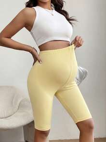 SHEIN Maternity Solid Color Adjustable Waist Casual Versatile Daily Wear Leggings - Butter Yellow - View 3