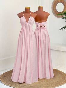 SHEIN CURVE+ New Vacation Elegant Sexy Beach Resort Textured Fabric Deep V Neck Ruffle Trim Spaghetti Strap Dress, Waist Cinched, Flattering, Spring/Summer - Pink - View 3