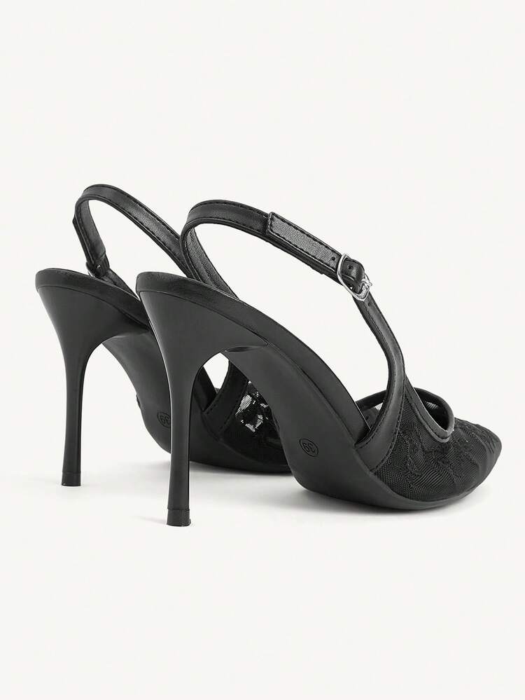 CUCCOO CHICEST Women Shoes Spring And Summer New Black Mesh Embroidered Pointed High Heels, Slingback Button Thin Heel French Sexy Style, Daily Commuting Banquet Dating Shoes, Workplace Dress Matching Shoes, Temperament Versatile Women's Shoes