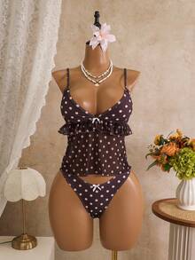 Swim Mod Conjunto de traje de baño tankini de 2 piezas con estampado de lunares, tirantes finos, decoración de lazo con volantes y top triangular, talla estándar para mujer - Café integral - Ver 7