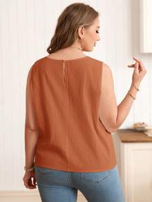 Rosumi Plus Size Women's Casual  Round Neck Sleeveless Short Shirt Blouse, Comfortable Button Front Split Design, Summer Vacation,Orange - Rust Brown - View 2