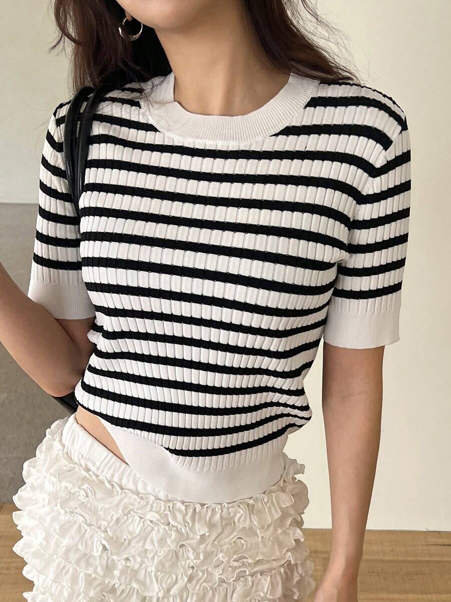 DAZY Women's Round Neck Short Sleeve Striped Casual Knit Top, Summer - White - View 1