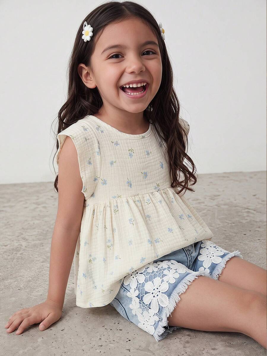 Maija Kids Maija Kids 1件女童藍色蝴蝶夏季優雅編織藍色碎花圓領荷葉袖白色上衣,舒適百搭日常穿搭度假上衣 - 白色 - 查看 1