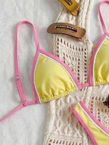 Elavelle Bộ bikini 2 mảnh mùa hè dành cho nữ, họa tiết hoa ngẫu nhiên, dây mảnh, viền bèo nhún. - Nhiều màu - Xem 4