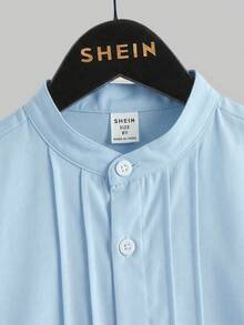 SHEIN 男童纯色单排扣休闲百搭日常短袖衬衫 - 藍色 - 查看 4