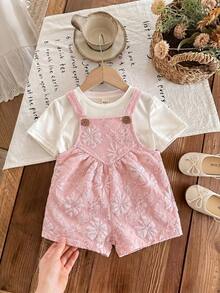 SHEIN LMoss Kids 女婴提花梭织围兜连体衣 - 淺粉色 - 查看 1