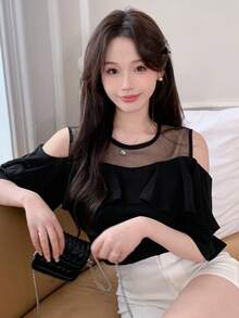 DAZY Mesh Panel Short Sleeve Round Neck Blouse With Ruffle Hem For Women Going Out Tops Summer - Black - View 3