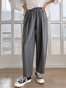DAZY Business Casual Regular Waist Elastic Waist Plain Trousers - Dark Grey - View 2