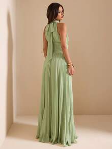 SHEIN BAE Spring & Summer Green Neck-Tie Waist Ruffle Dress, French Romantic Style For Dates And Vacations - Green - View 1